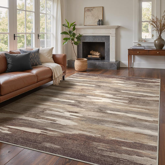 Area Rugs 8x10 Machine Washable Rug for Bedroom Living Room Dining Room, Large Modern Abstract Soft Rugs, Indoor Low Pile Carpet with Non Slip Rubber Backing, Mocha Brown