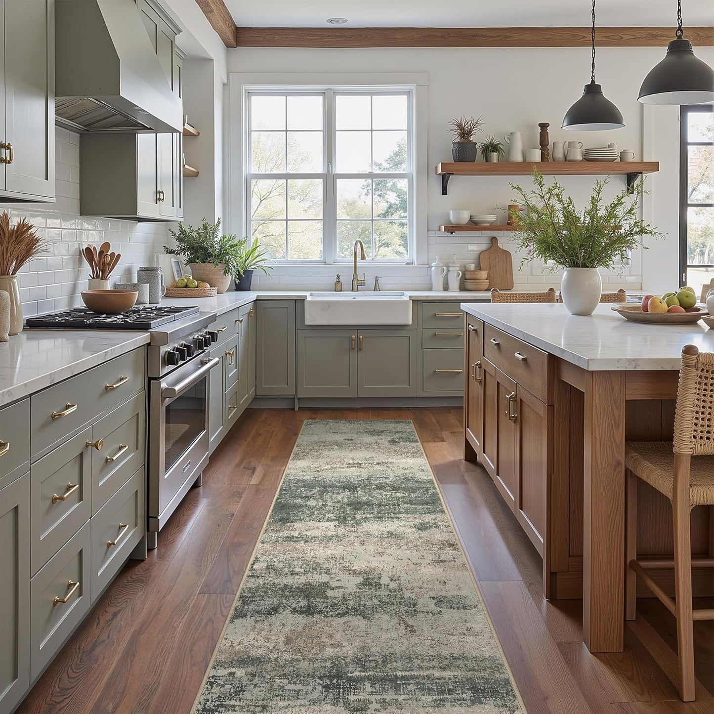 Runner Rug for Hallway Kitchen, 2x12 Machine Washable Runners Rug for Entryway, Soft Modern Abstract Throw Rugs, Low Pile Floor Cover with Non Slip Backing, Muted Green/Beige