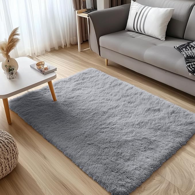 OLANLY 3x5 Machine Washable Small Bedside Rug, Soft Fluffy Shaggy Rugs for Living Room, Bedroom, Indoor Floor Carpet for Kids Girls and Boys, Preppy Dorms, Nursery, Home Decor Aesthetic, Light Grey
