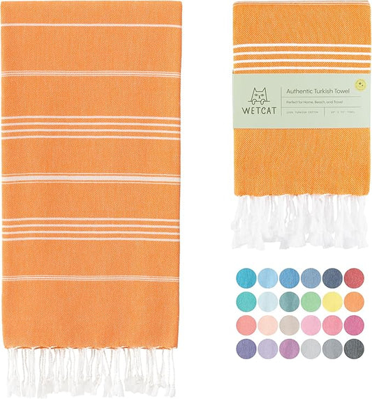 WETCAT Turkish Beach Towel Oversized (38"x71") 100% Turkish Cotton, Made in Turkey - Sand Free, Extra Large, Ultra Soft, Quick Drying, Compact & Lightweight for Travel - Orange