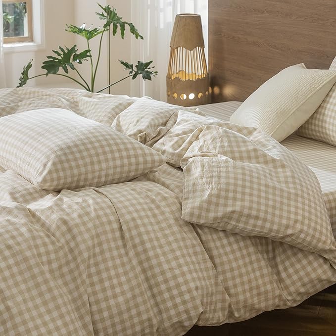 MooMee Gingham Duvet Cover Set 100% Washed Cotton Linen Like Textured Breathable Durable Soft Comfy Modern Checkered Design (Almond Milk Grey Gingham, Cal King 104"x98")