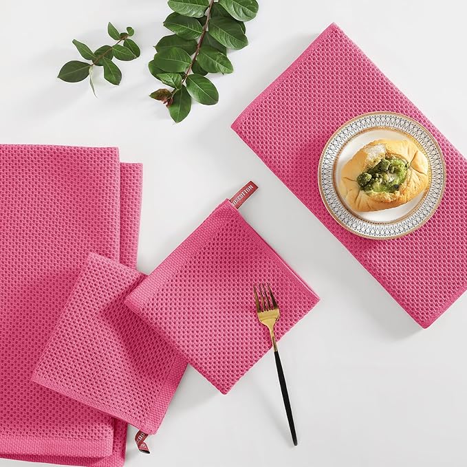 Homaxy 100% Cotton Kitchen Towels and Dishcloths Set, 12 x 12 Inches and 13 x 28 Inches, Set of 8 Bulk Kitchen Towels Set, Ultra Soft Absorbent Dish Cloths for Washing Dishes, Hot Pink