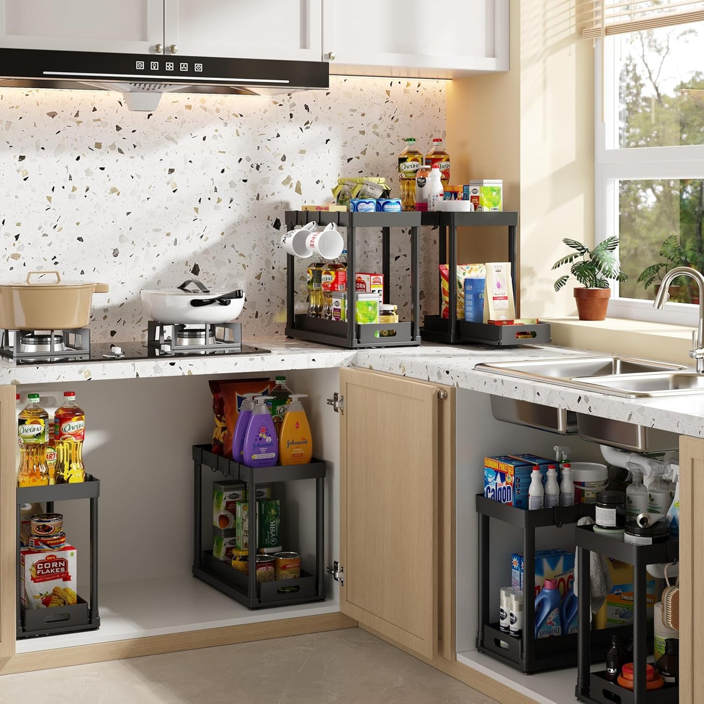 2PC Under Sink Organizer Rack 2 Tier Under Sliding Cabinet Basket Organizer Drawer with 4 Hooks, Multi-purpose Under Sink Storage for Bathroom Kitchen Desktop（Black）