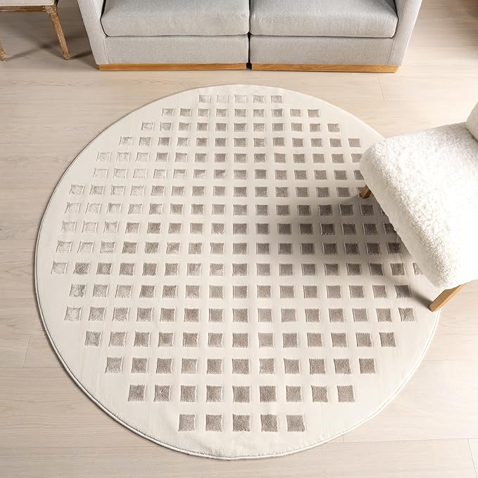 nuLOOM 6' Round Indoor Area Rug, 100% Recycled PET, Machine Washable, Oeko-TEX Certified, Medium Pile, Pet-Friendly, Daleyza Checkered Cream