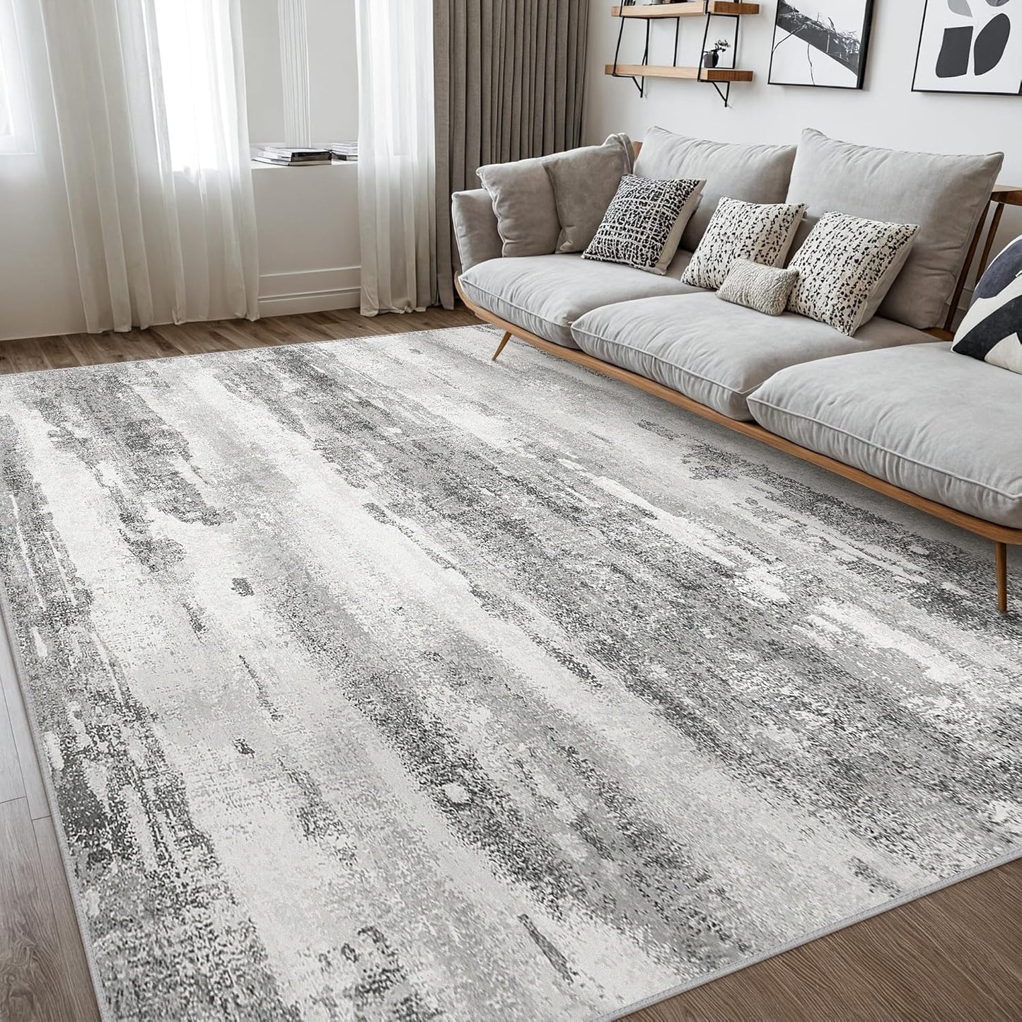 Area Rugs 8x10 for Living Room Bedroom Machine Washable Large Gray Area Rug Abstract Soft Throw Rug, Indoor Floor Cover, Lightweight Non Slip Backing Thin Rug