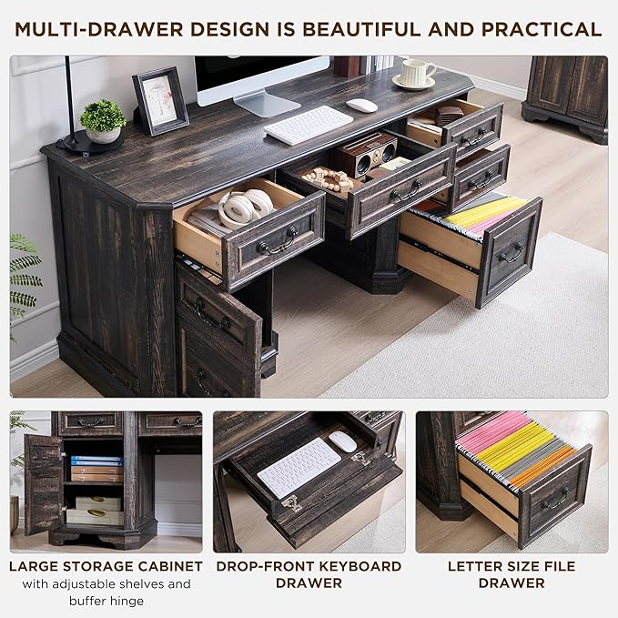 T4TREAM 59" Farmhouse Executive Desk with Drawers,Wood Home Office Computer Desk, Featuring Keyboard Tray,Charging Station,File Drawer, Storage Cabinet,for Work and Study (Dark Rustic Oak)