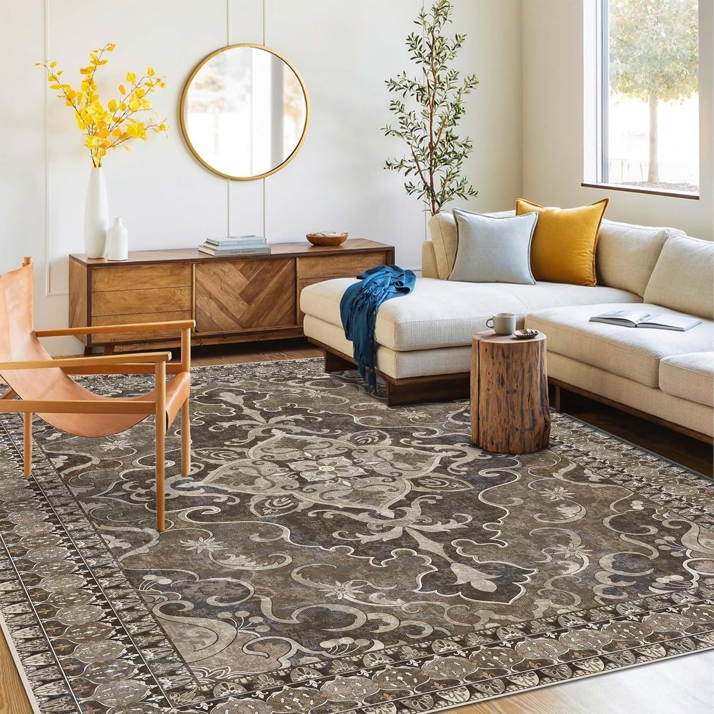 Washable Area Rug 4x6 | Non Slip Area Rug for Living Room, Bedrooms, Dining Room | Ultra-Soft Flannel Carpet Area with Rubber Backing (Dark Sage, 4x6)