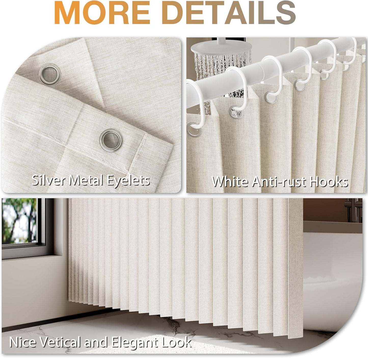 Jubilantex Folding Linen Shower Curtain for Bathroom Beige Waterproof Shower Curtain 1 Panel with 14 Metal Grommets and 1 Tie Back for Hotel,70"x70"