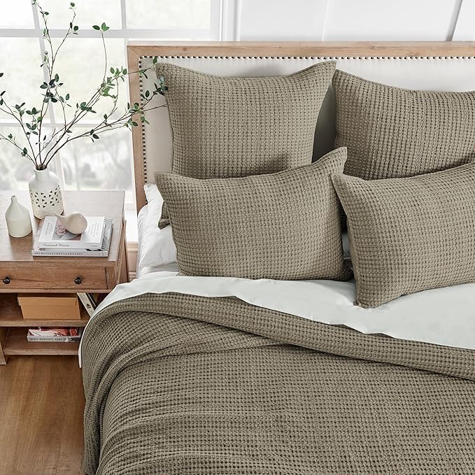 Levtex Home Mills Waffle Twin Bedspread Set (84x104in) with 1 Pillow Sham (26x20in) - Taupe - Cotton Waffle Twin Size Bedspread Set - Lightweight, Soft, Pre-Washed