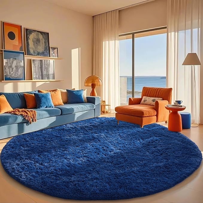 Ophanie Round Rug 8Ft Blue Circle Area Rug, Boys Room Decor, Fluffy Fuzzy Bedroom Carpet, Plush Soft Shaggy Living Room Rugs for Kids Home Decor Aesthetic, Nursery