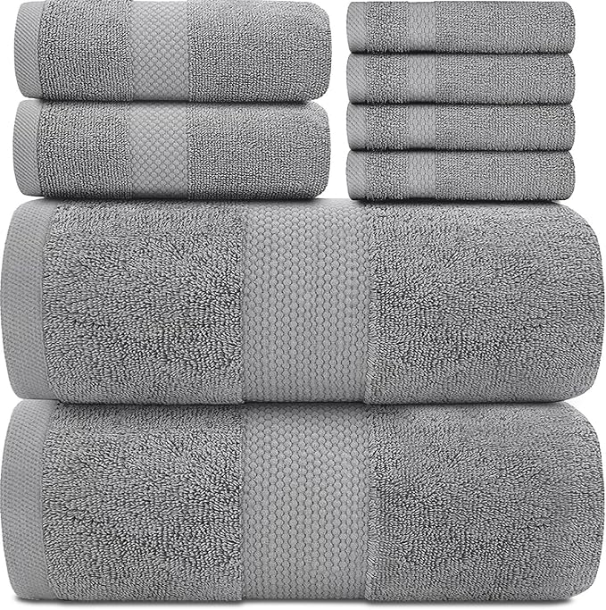 White Classic Luxury Bath Towel Set of 8 Pieces - 100% Turkish Cotton Highly Absorbent Towels for Bathroom, 2 Luxury Bath Towels 700GSM, 2 Hand Towels, 4 Washcloths, Light Gray