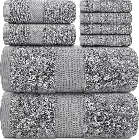 White Classic Luxury Bath Towel Set of 8 Pieces - 100% Turkish Cotton Highly Absorbent Towels for Bathroom, 2 Luxury Bath Towels 700GSM, 2 Hand Towels, 4 Washcloths, Light Gray