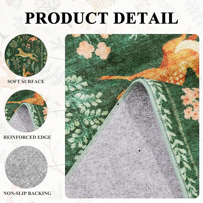 DUKINO 2.6x8 Rug for Hallway, Washable Kitchen Runner Rug with Non Slip Backing, Soft Low Pile Vintage Animal Runner for Bedroom, Kitchen, Hallway, Entryway, Laundry, Green