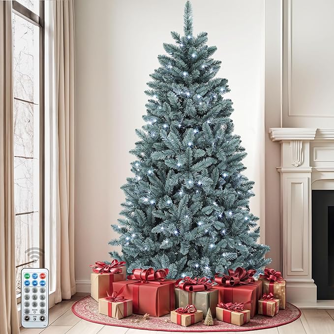 DWVO Prelit Christmas Tree 6ft, Colorado Blue Spruce Atificial Christmas Tree with 450 Cold LED Lights Includes Metal Stand, Green Full Xmas Trees with 880 Metal Hinged Branch Tips, for Home Party