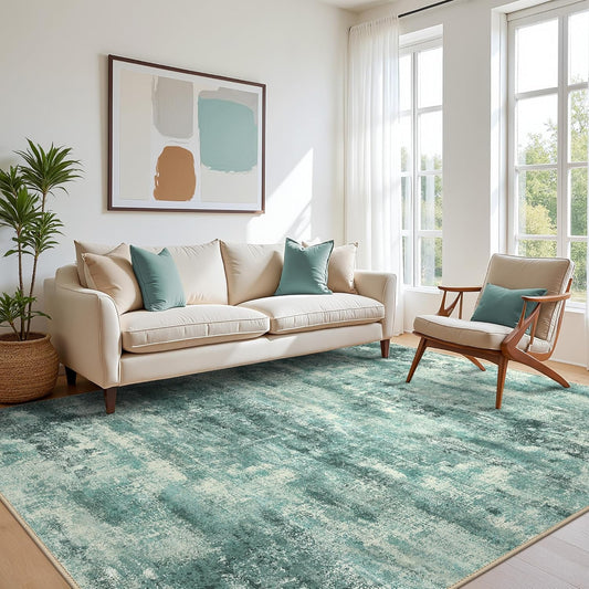 Area Rugs 10x14 for Living Room Bedroom, Modern Splash Abstract Machine Washable Rug, Large Soft Low Pile Floor Cover with Non Slip Backing for Dining Room, Teal Green
