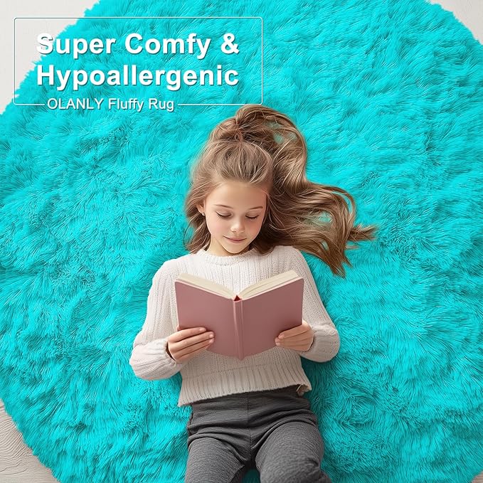 OLANLY Teal Blue Round Rugs for Bedroom - Machine Washable, 4 ft Circle Area Rugs for Living Room, Soft and Fluffy Shaggy Carpet for Teen Girls and Boys, Nursery Rooms, Dorms, Home Decor Aesthetic
