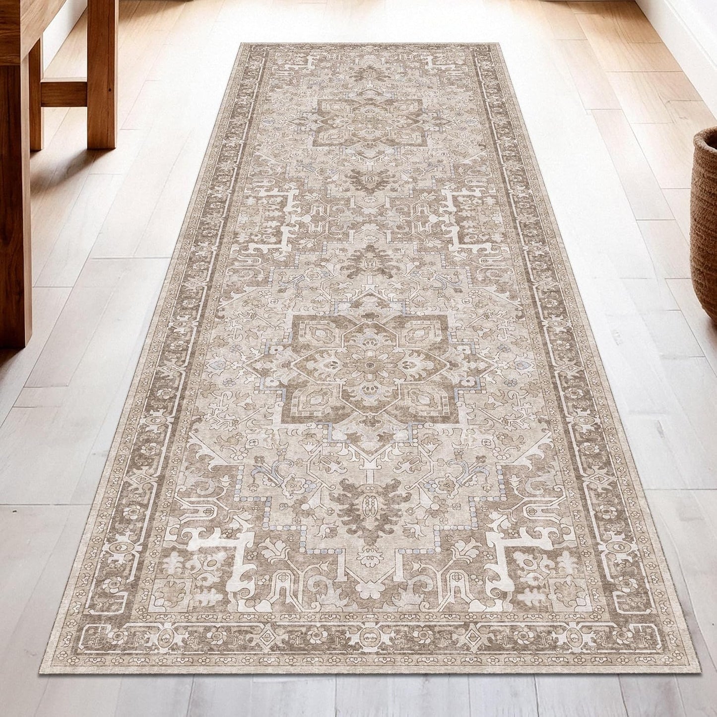 Washable Runner Rug 3x8 | Non Slip Rug Runners for Hallways, Entryways, Kitchens, Bathrooms, Bedrooms | Ultra-Soft Flannel Carpet Runners with Rubber Backing (Sand, 3x8)