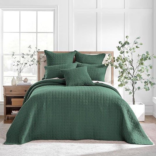 Levtex Home Mills Waffle King Bedspread Set (120x104in) with 2 Pillow Shams (36x20in) - Forest Green - Cotton King Size Bedspread Set - Soft, Pre-Washed