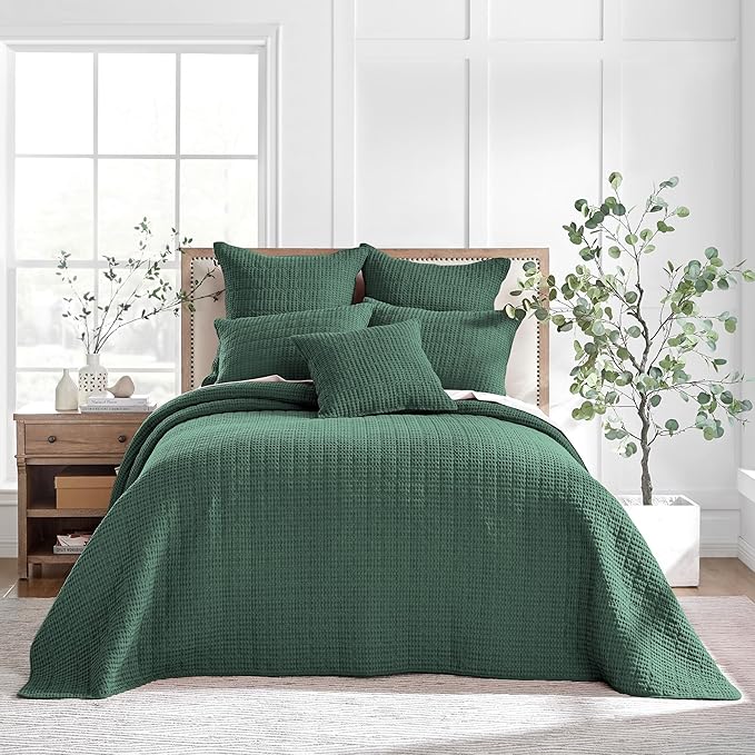 Levtex Home Mills Waffle Twin Bedspread Set (84x104in) with 1 Pillow Sham (26x20in) - Forest Green - 100% Cotton Twin Size Bedspread Set - Lightweight, Soft, Pre-Washed