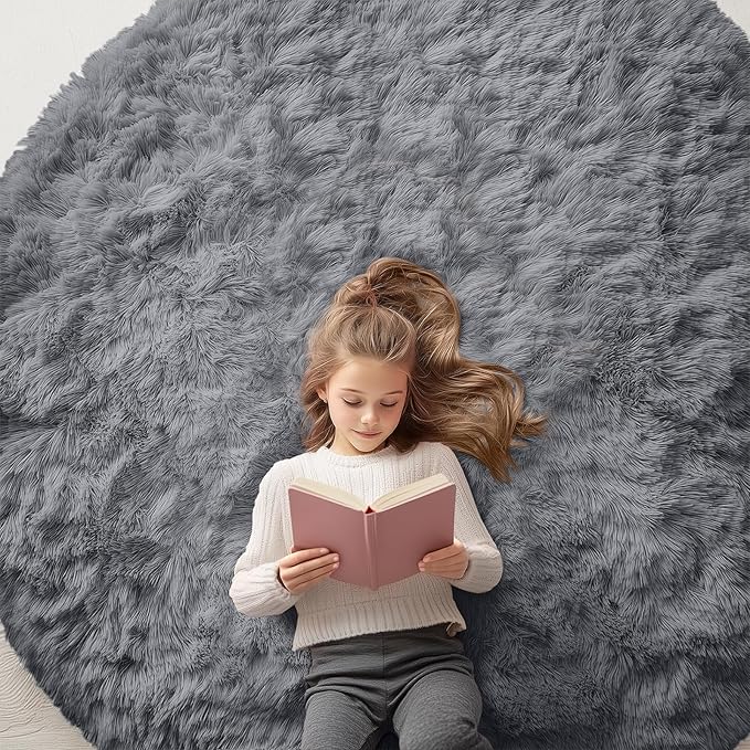OLANLY Light Grey Round Rugs for Bedroom - Machine Washable, 6 ft Circle Area Rugs for Living Room, Soft and Fluffy Shaggy Carpet for Teen Girls and Boys, Nursery Rooms, Dorms, Home Decor Aesthetic