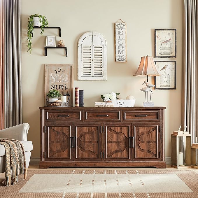 JXQTLINGMU 66" Large Buffet Sideboard Cabinet with 4 Doors and 3 Drawers, Buffet Table Coffee Bar Wine Bar Storage Cabinet for Dining Room, Living Room, Hallway, Dark Brown