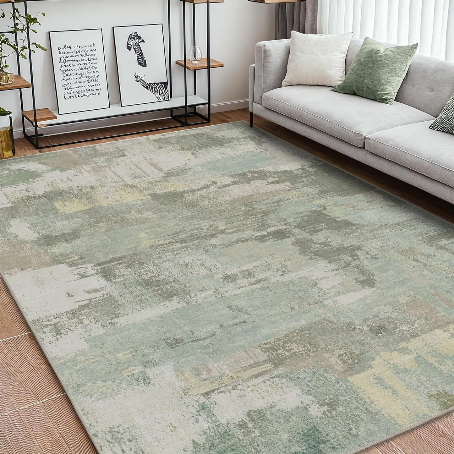 Area Rugs 8x10 for Living Room Bedroom, Modern Abstract Machine Washable Large Soft Sage Green Rug, Low Pile Floor Carpet with Non Slip Backing for Dining Room, Light Sage Mint Green