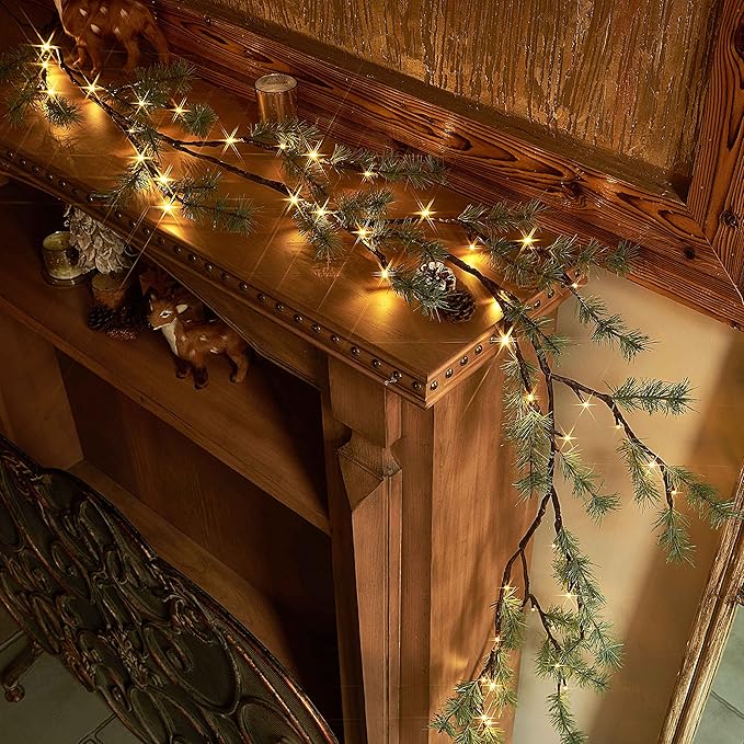 LITBLOOM Lighted Christmas Pine Garland Battery Operated with Timer 6FT 48 Warm White LED Lights for Fireplace Mantle Christmas Holiday Decoration Indoor Outdoor