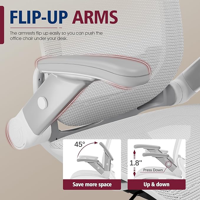 GABRYLLY Ergonomic Office Chair, High Back Home Desk Chair with Headrest, Flip-Up Arms, 90-120° Tilt Lock and Wide Cushion, 400LBS Mesh Chairs for Man Woman, White Task Chair(Grey,GY01WG)