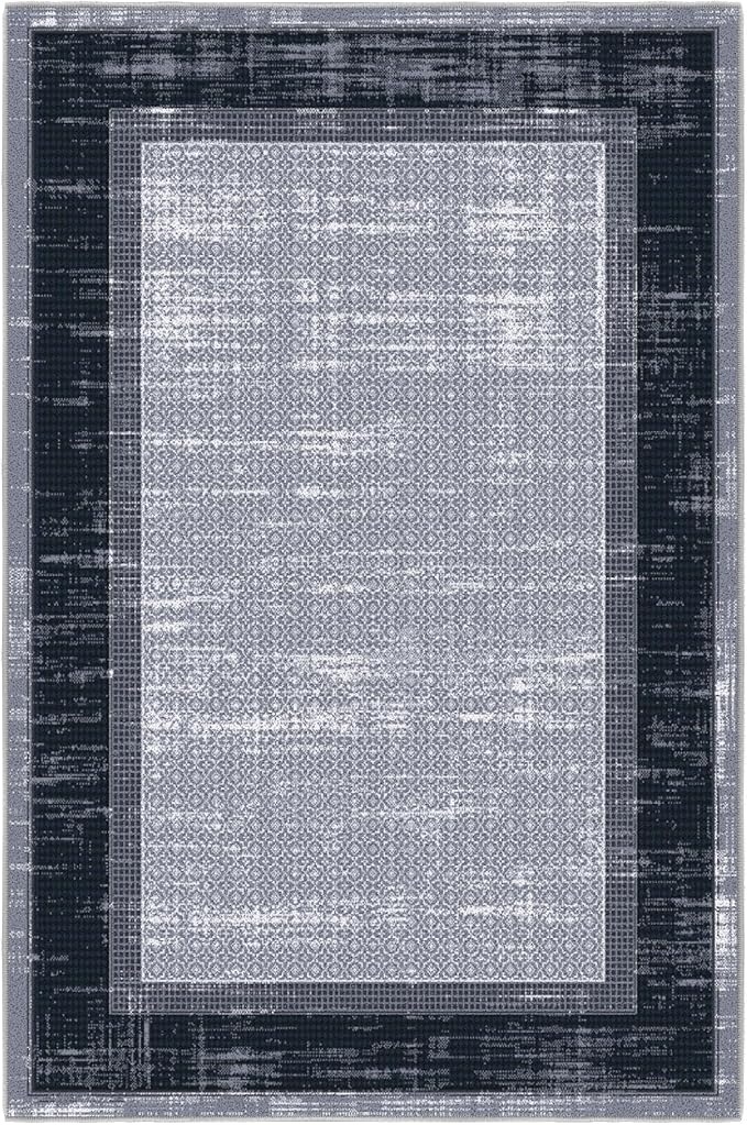 Ottomanson 3'3" x 5' Rugs for Living Room Border Area Rug for Bedroom - Non Slip Durable Large Floor Carpet for High Traffic Areas - Indoor Rug for Dining Room Kitchen Kids Playroom, Gray/Navy