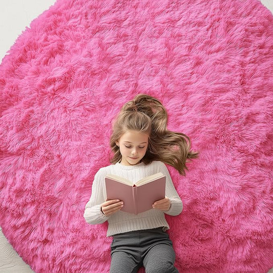 OLANLY Hot Pink Round Rugs for Bedroom - Machine Washable, 6 ft Circle Area Rugs for Living Room, Soft and Fluffy Shaggy Carpet for Teen Girls and Boys, Nursery Rooms, Dorms, Home Decor Aesthetic