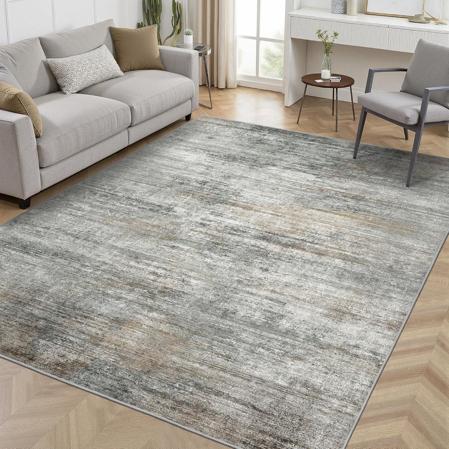 Area Rugs 5x7 for Living Room Bedroom, Modern Abstract Machine Washable Rug, Large Soft Low Pile Floor Cover with Non Slip Backing for Dining Room, Ash Gray Brown