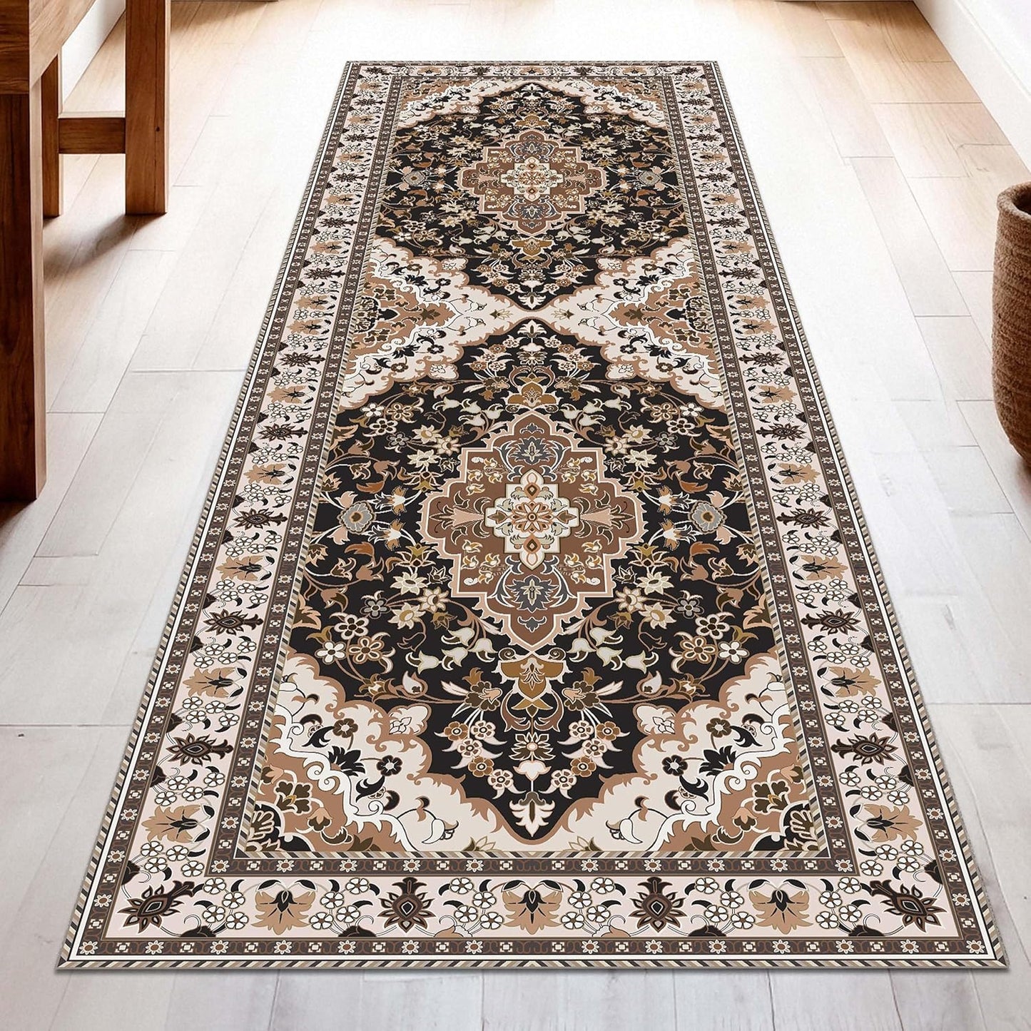 Washable Runner Rug 2x6 | Non Slip Rug Runners for Hallways, Entryways, Kitchens, Bathrooms, Bedrooms | Ultra-Soft Flannel Carpet Runners with Rubber Backing (Cream Black Brown, 2x6)