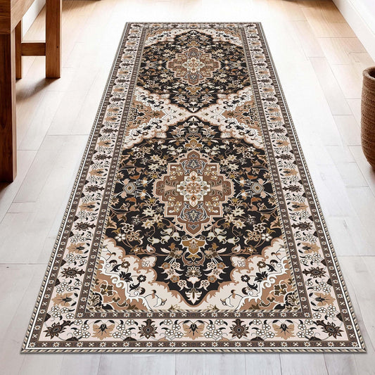 Washable Runner Rug 2x6 | Non Slip Rug Runners for Hallways, Entryways, Kitchens, Bathrooms, Bedrooms | Ultra-Soft Flannel Carpet Runners with Rubber Backing (Cream Black Brown, 2x6)