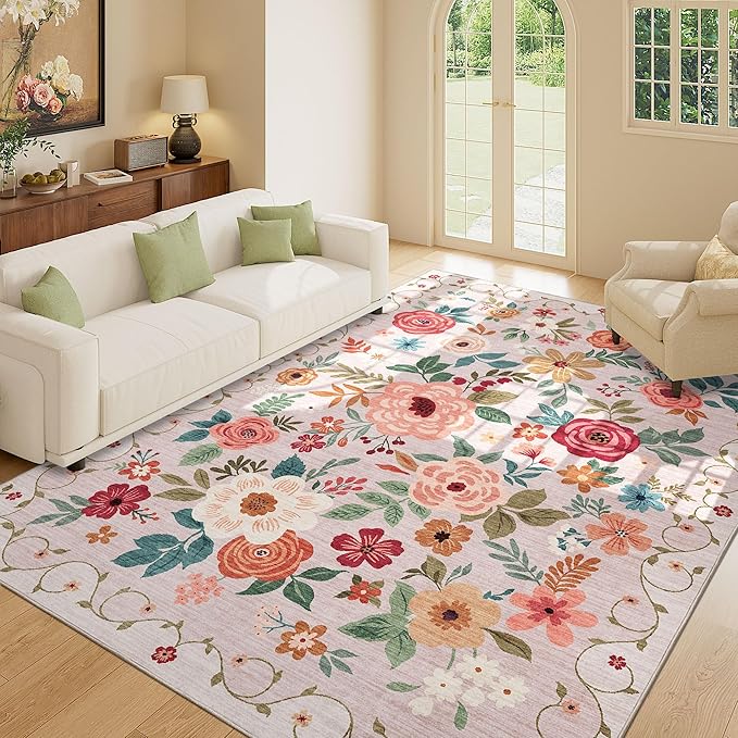 DUKINO 9x12 Area Rug, Floral Rugs for Living Room, Lightweight Non Slip Washable Rug, Indoor Low Pile & Non-Shedding Boho Design Rugs for Bedroom, Living Room, Dining Room, Beige