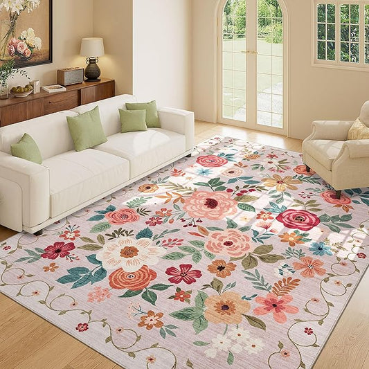 DUKINO 9x12 Area Rug, Floral Rugs for Living Room, Lightweight Non Slip Washable Rug, Indoor Low Pile & Non-Shedding Boho Design Rugs for Bedroom, Living Room, Dining Room, Beige