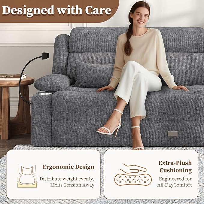 Home Theater Seating，RV Reclining Sofa Set with Adjustable Headrest， Recliner Sofa with Heat and USB&Type-C, Dawer & Cup Holders, 150° Recline for RV & Living Room(3-Seater Grey)