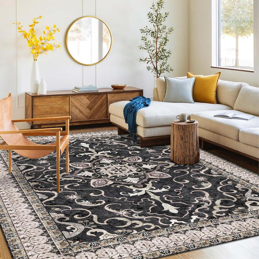 Washable Area Rug 4x6 | Non Slip Area Rug for Living Room, Bedrooms, Dining Room | Ultra-Soft Flannel Carpet Area with Rubber Backing (Black Cream, 4x6)