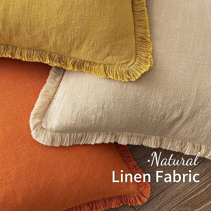 MIULEE Fall Decorative Throw Pillow Covers Neutral Linen Fringe Throw Pillows Set of 2 Orange Boho Farmhouse Cushion Covers with Tassels for Couch Sofa Bed Living Room Spring Home Decor 18x18 Inch