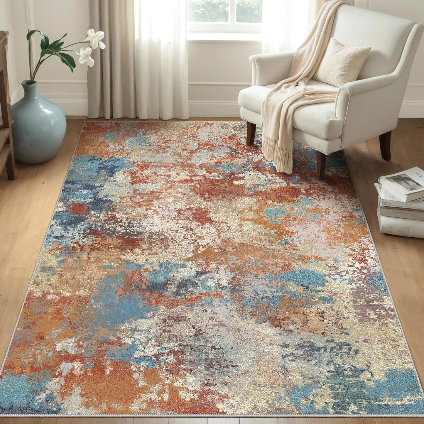 Area Rugs 8x10 Machine Washable Area Rugs for Living Room Bedroom Dining Room, Large Modern Abstract Colorful Soft Rugs, Indoor Low Pile Carpet with Non Slip Rubber Backing, Multi Red