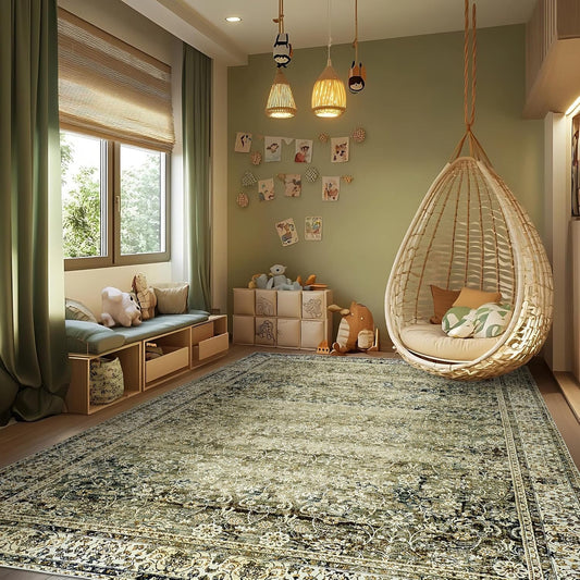 Olive and Tan Rug for Bedroom Neutral Boho Farmhouse Floral Washable Soft Faux Wool No Slip Area Rugs for Living Room Home Office,5x8