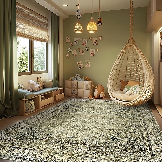 Washable 6x9 Area Rugs for Bedroom Aesthetic,Cozy Soft Faux Wool Neutral Dark Olive Green Decor Vintage Boho Rug for Living Room Bed Room Dining Room