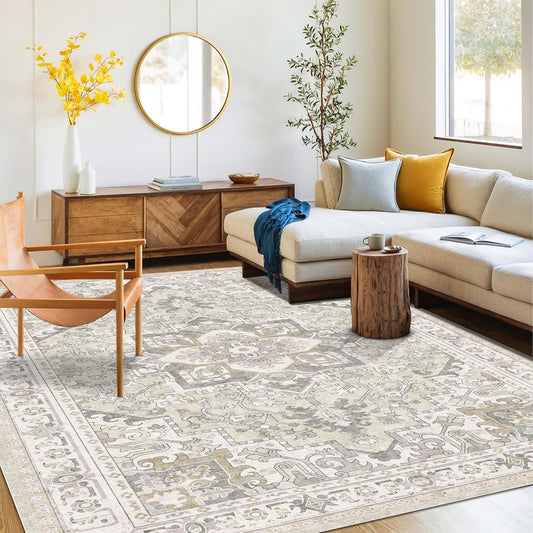 Washable Area Rug 6x9 | Non Slip Area Rug for Living Room, Bedrooms, Dining Room | Ultra-Soft Flannel Carpet Area with Rubber Backing (Ivory, 6x9)