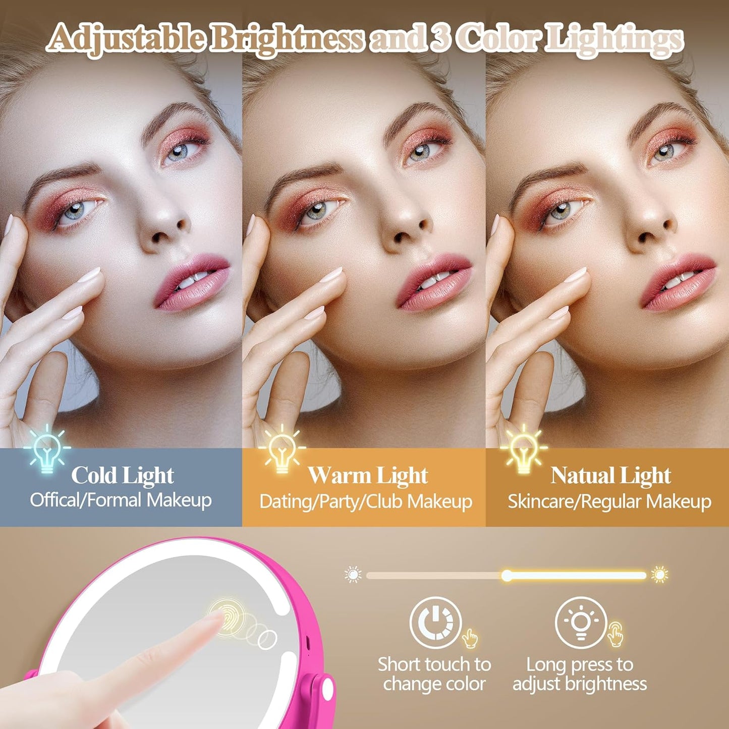 Makeup Mirror with Lights, Double Sided 1x/20x Magnifying Mirror with Light, Rechargeable 3 Color Lights and Adjustable Brightness, 360° Rotation Detachable Comes with Tweezer(Hotpink)