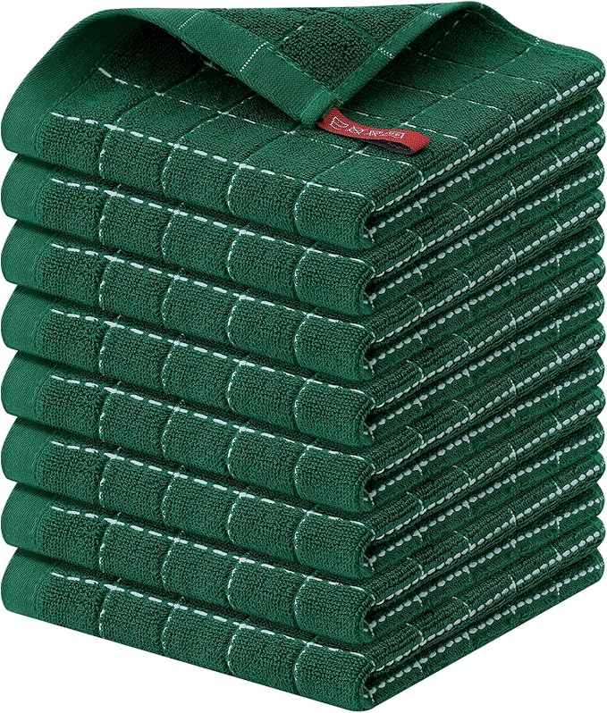 Homaxy 100% Cotton Terry Kitchen Dish Cloths, Ultra Soft and Absorbent Dish Towels for Kitchen, Perfect for Drying and Washing Dishes, 8 Pack, 12 x 12 Inches, Dark Green