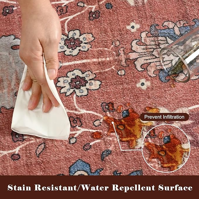Vasofe 6x9 Rug for Bedroom, Washable Living Room Rugs for Dining Room, Red Indoor Floor Mat, Vintage Floral Mats for Home Decor, Farmhouse, Laundry Room, Non Slip Low Pile Soft Modern Carpet