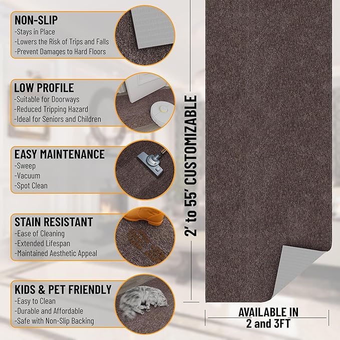 Ottomanson 2'7" x 7' Ultra-Thin Hallway Runner Rug - Durable Non-Slip Carpet for High-Traffic Areas - Fits Under Doors for Seamless Entry - Ideal for Kitchen, Entryway, Bedroom & Living Room, Brown