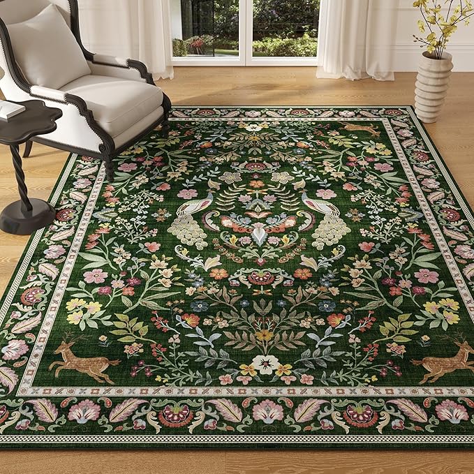 Area Rug 4x6 Rug Washable Rugs Floral Non Slip Low Pile Small Carpet for Bedroom, Bedside, Kids Room, Office, Dining Room (Emerald Green)