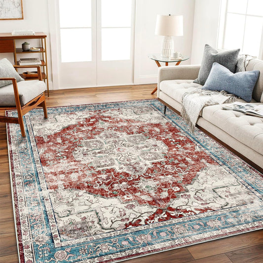 Area Rug 6'x9' Washable Red Blue Rug Vintage Traditional Floor Cover Retro Kitchen Indoor Distressed Non Slip Carpet Floral Print Mat Living Room Bedroom Dining Room