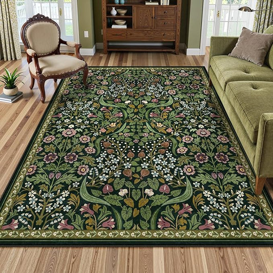 Lahome Floral 5x7 Washable Living Room Rugs, Green Area Rugs for Bedroom Rubber Backed, Botanical Thin Stain-Resistant Carpet for Dining Room, Guestroom, Kids Room, Living Room Decor