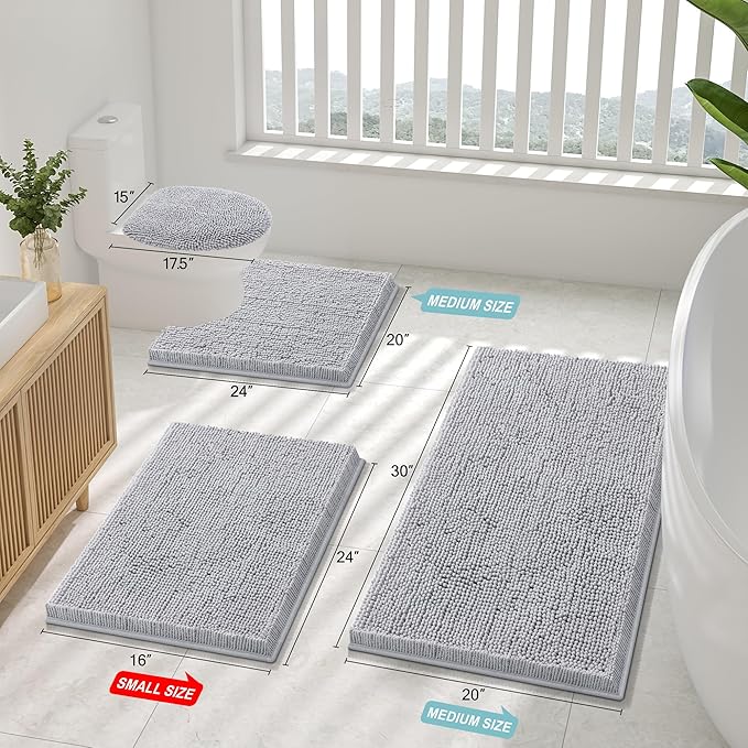 Smiry Luxury Chenille Bathroom Rugs 34x21, Extra Soft and Absorbent Shaggy Bath Mat, Machine Washable, Non-Slip Plush Carpet Runner for Tub, Shower, and Floor, Home Decor Accessories, Light Grey